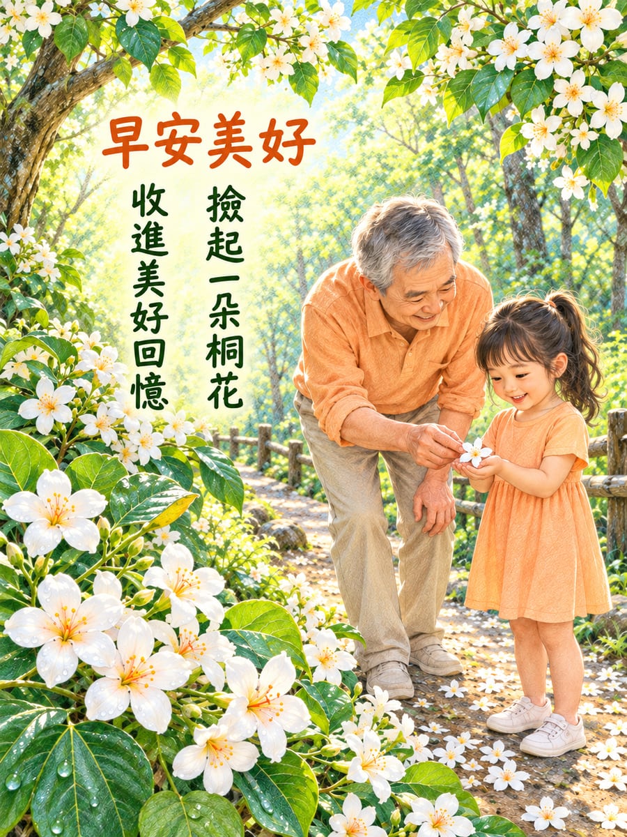 阿公撿桐花。圖中文字：早安美好，撿起一朵桐花，收進美好回憶