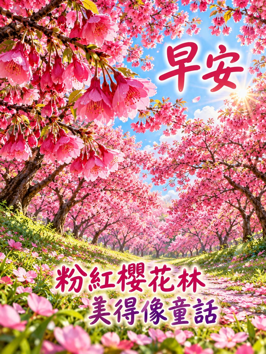 粉紅櫻花林。圖中文字：早安，粉紅櫻花林，美得像童話