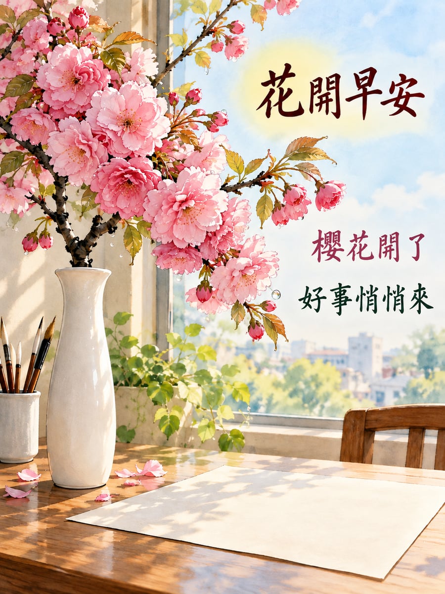 一枝八重櫻。圖中文字：花開早安，櫻花開了，好事悄悄來