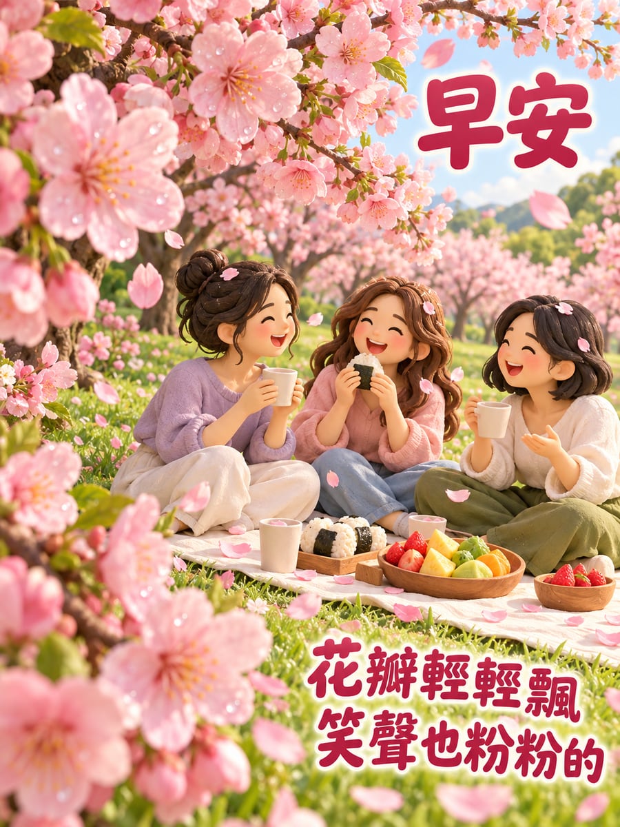 櫻花林野餐。圖中文字：早安，花瓣輕輕飄，笑聲也粉粉的