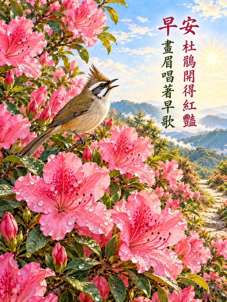 杜鵑與冠羽畫眉。圖中文字：早安，杜鵑開得紅豔，畫眉唱著早歌
