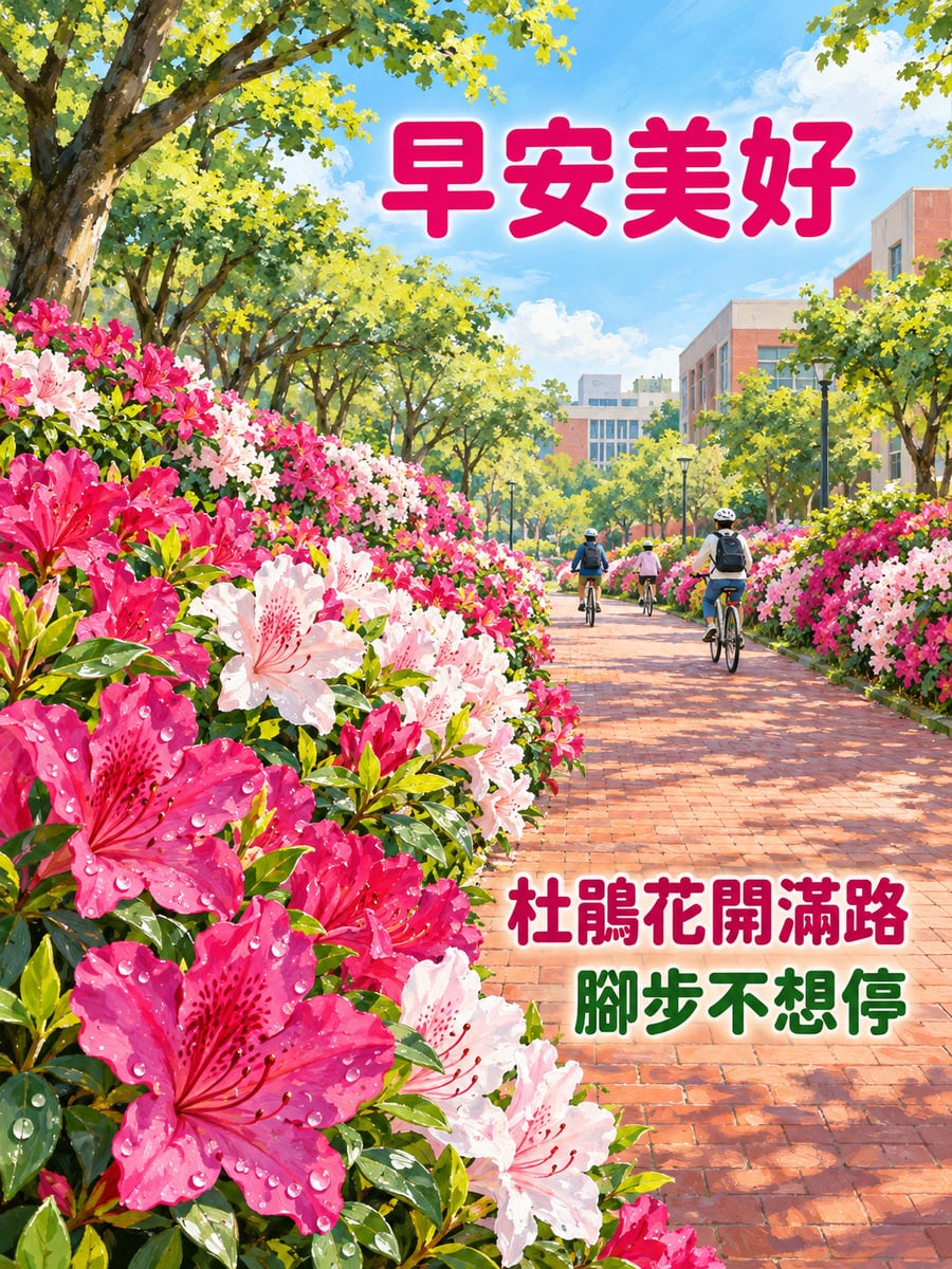 校園杜鵑花叢。圖中文字：早安美好，杜鵑花開滿路，腳步不想停