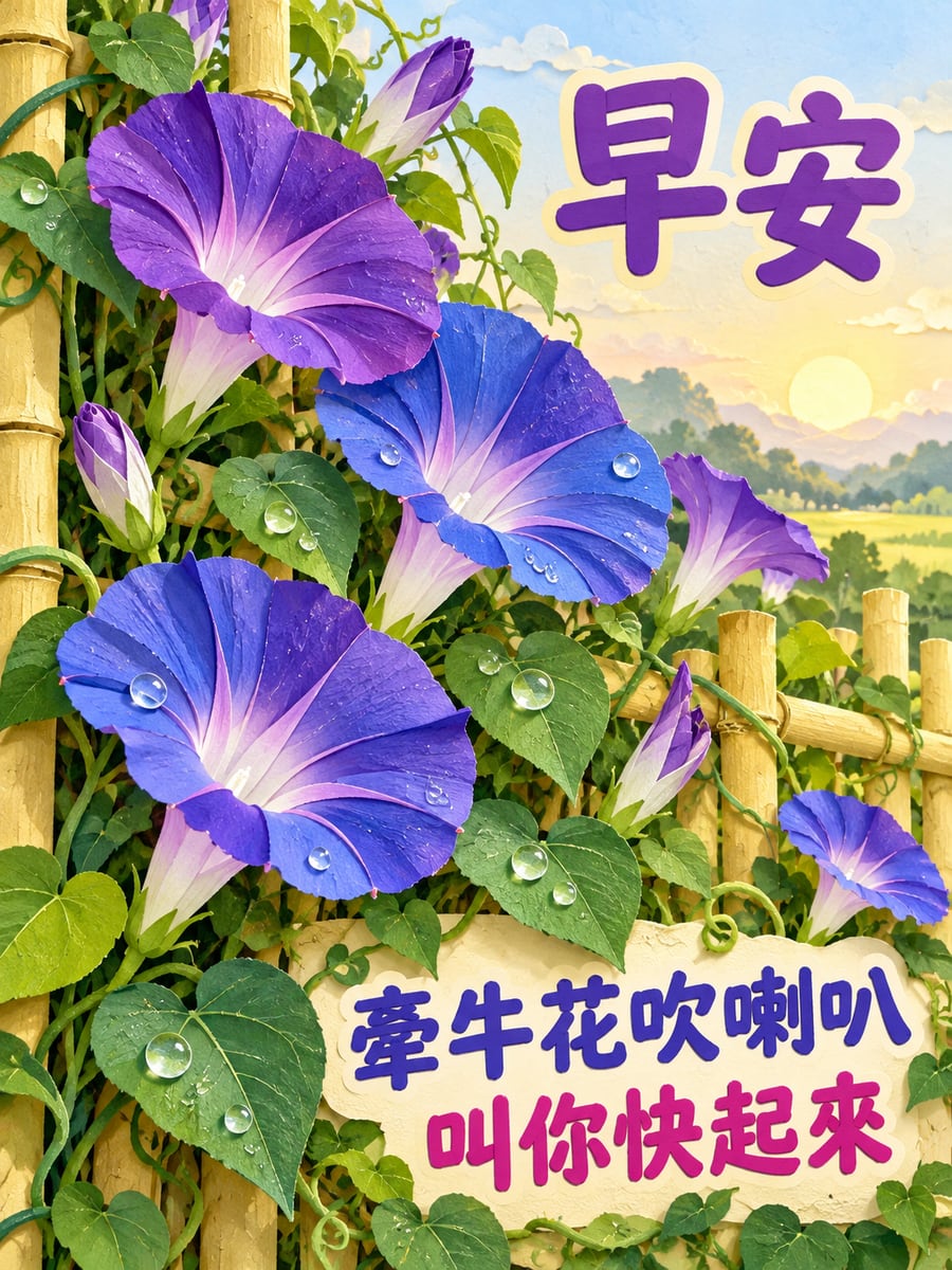 竹籬笆的牽牛花。圖中文字：早安，牽牛花吹喇叭，叫你快起來