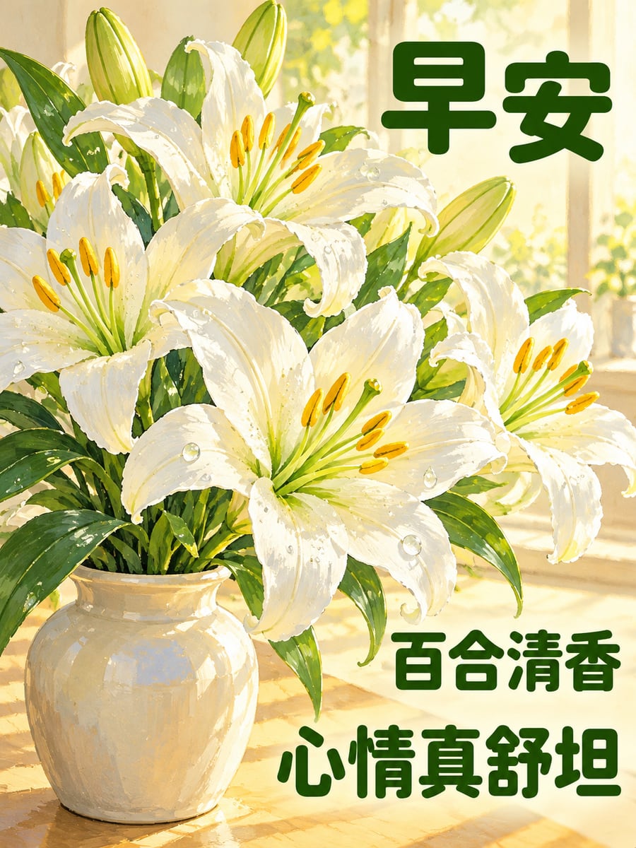 一瓶白百合。圖中文字：早安，百合清香，心情真舒坦