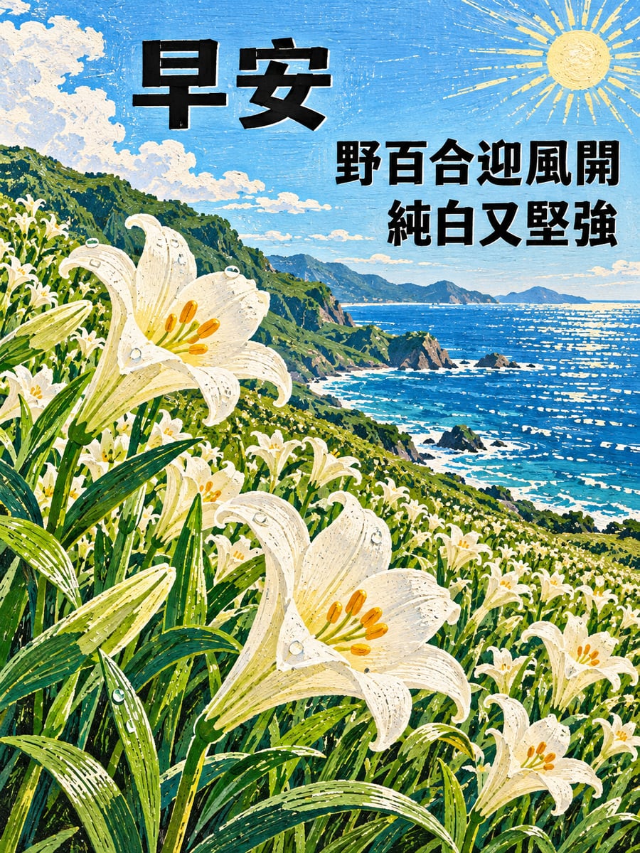海岸坡地的野百合。圖中文字：早安，野百合迎風開，純白又堅強