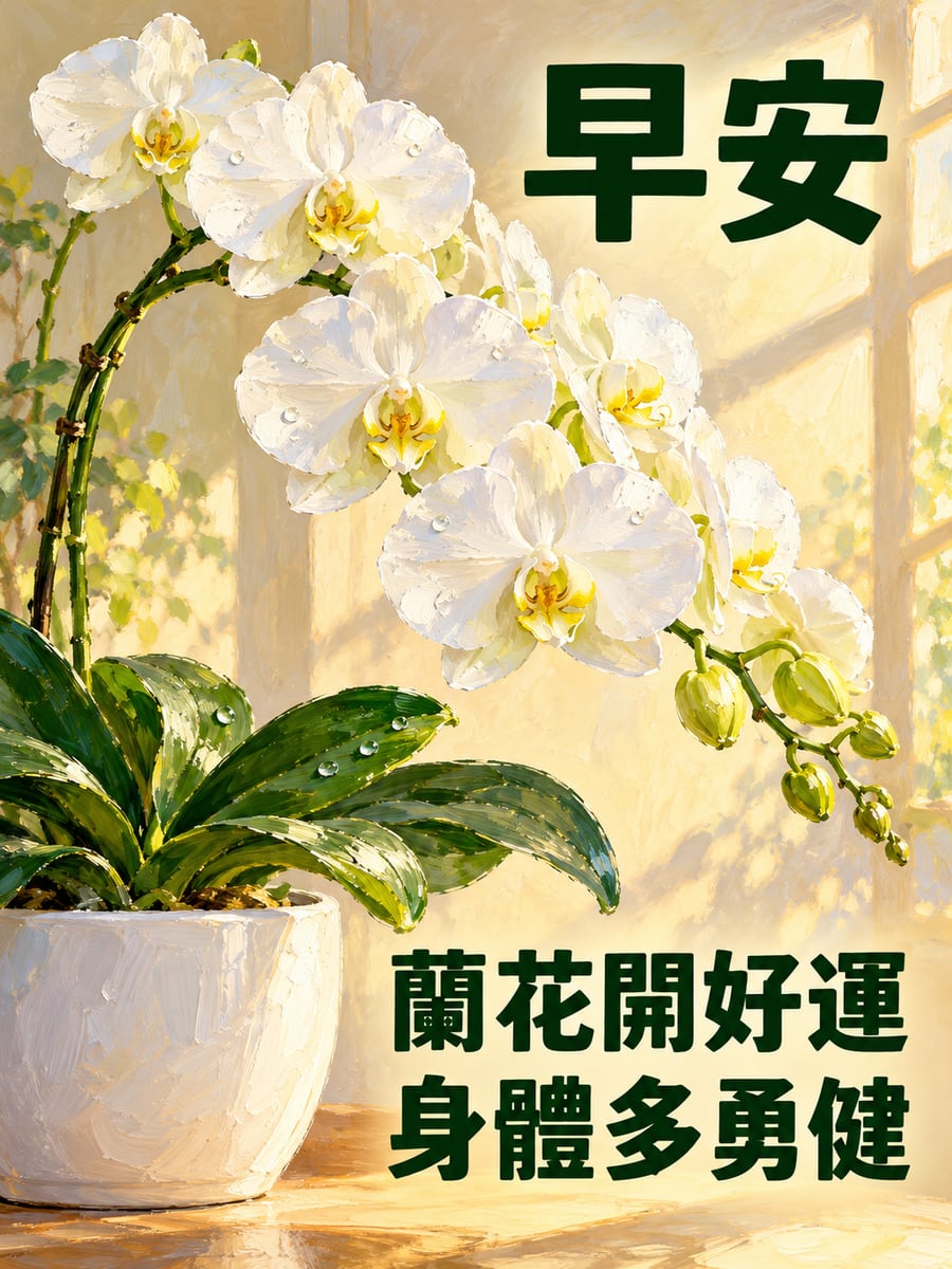白色蝴蝶蘭。圖中文字：早安，蘭花開好運，身體多勇健
