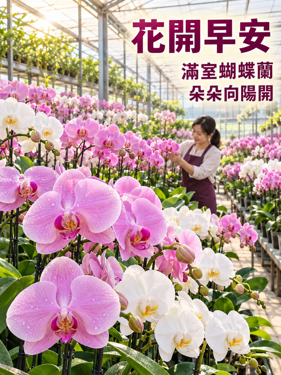 蘭園溫室。圖中文字：花開早安，滿室蝴蝶蘭，朵朵向陽開