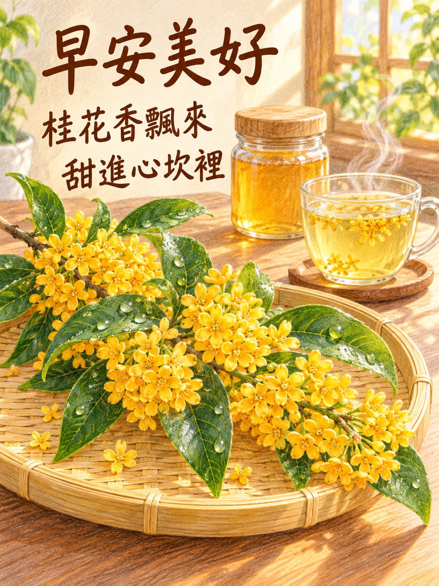桂花蜜茶。圖中文字：早安美好，桂花香飄來，甜進心坎裡