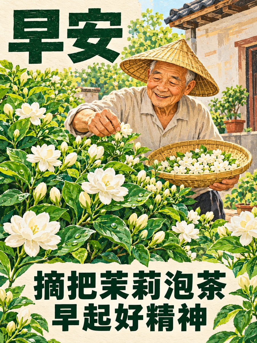 阿公摘茉莉。圖中文字：早安，摘把茉莉泡茶，早起好精神