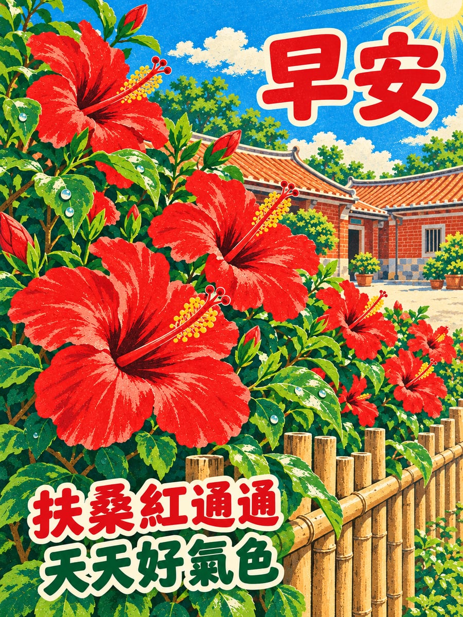 紅扶桑籬笆。圖中文字：早安，扶桑紅通通，天天好氣色
