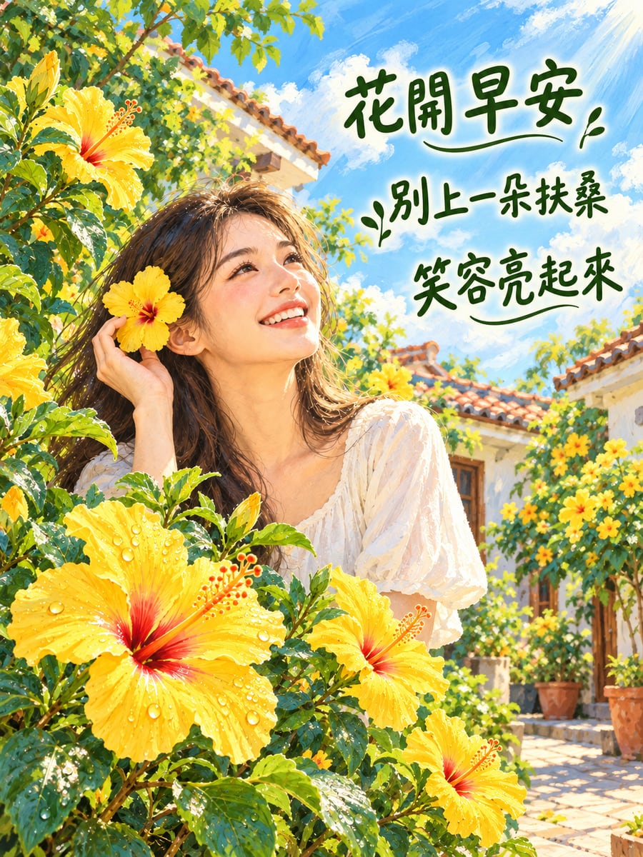 別一朵扶桑。圖中文字：花開早安，別上一朵扶桑，笑容亮起來