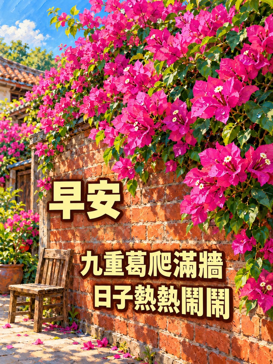 紅磚牆的九重葛。圖中文字：早安，九重葛爬滿牆，日子熱熱鬧鬧