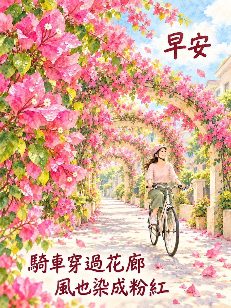 騎過九重葛花廊。圖中文字：早安，騎車穿過花廊，風也染成粉紅