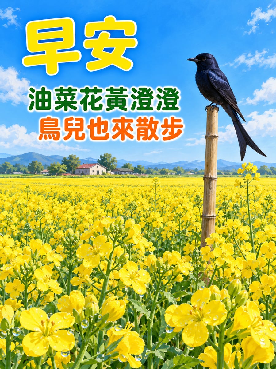 油菜花田的大卷尾。圖中文字：早安，油菜花黃澄澄，鳥兒也來散步