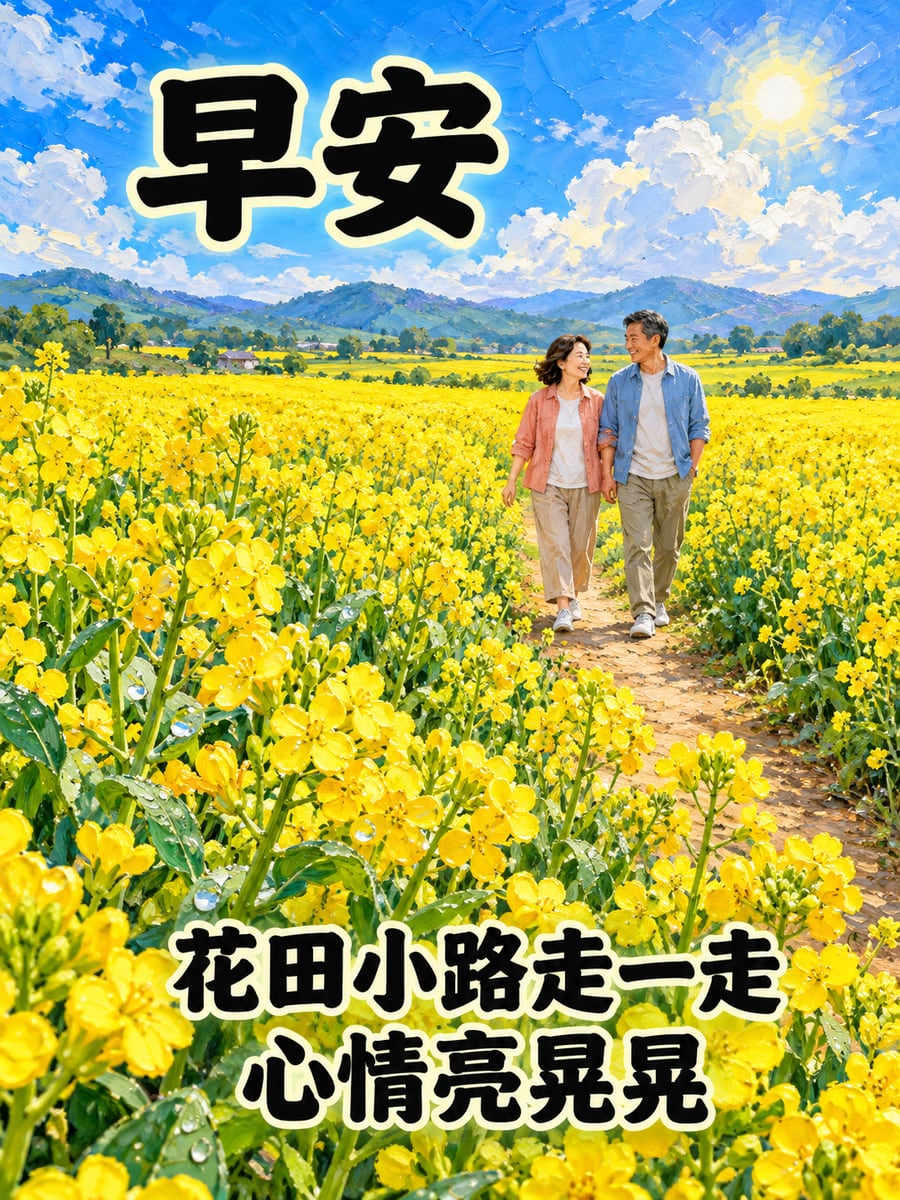 油菜花小徑。圖中文字：早安，花田小路走一走，心情亮晃晃