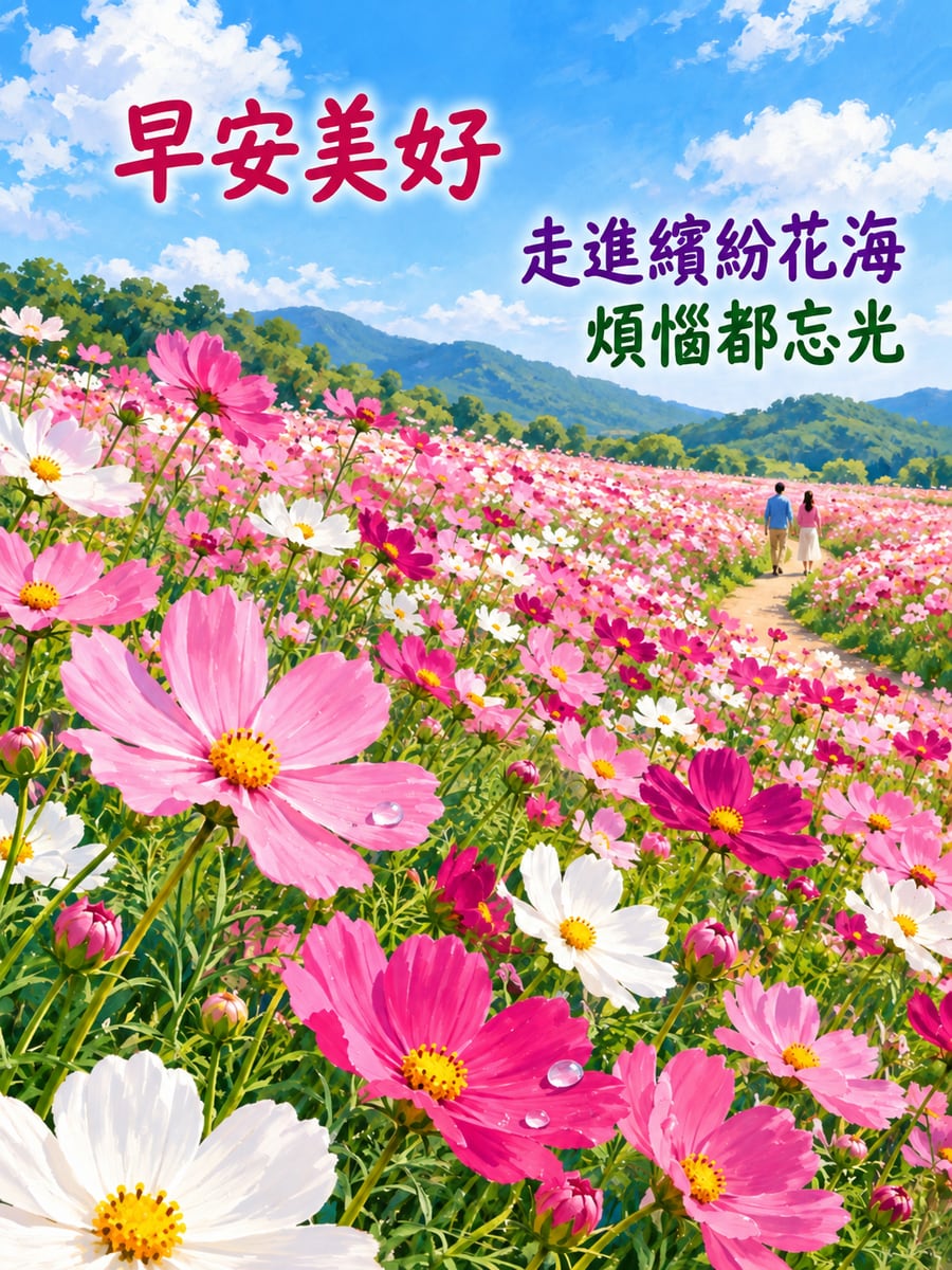 新社波斯菊花海。圖中文字：早安美好，走進繽紛花海，煩惱都忘光