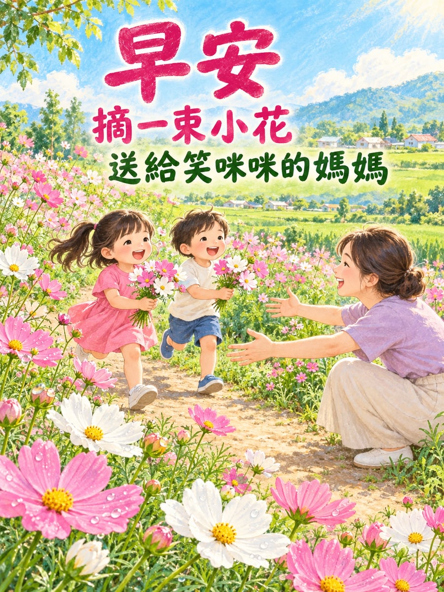 摘一束波斯菊。圖中文字：早安，摘一束小花，送給笑咪咪的媽媽