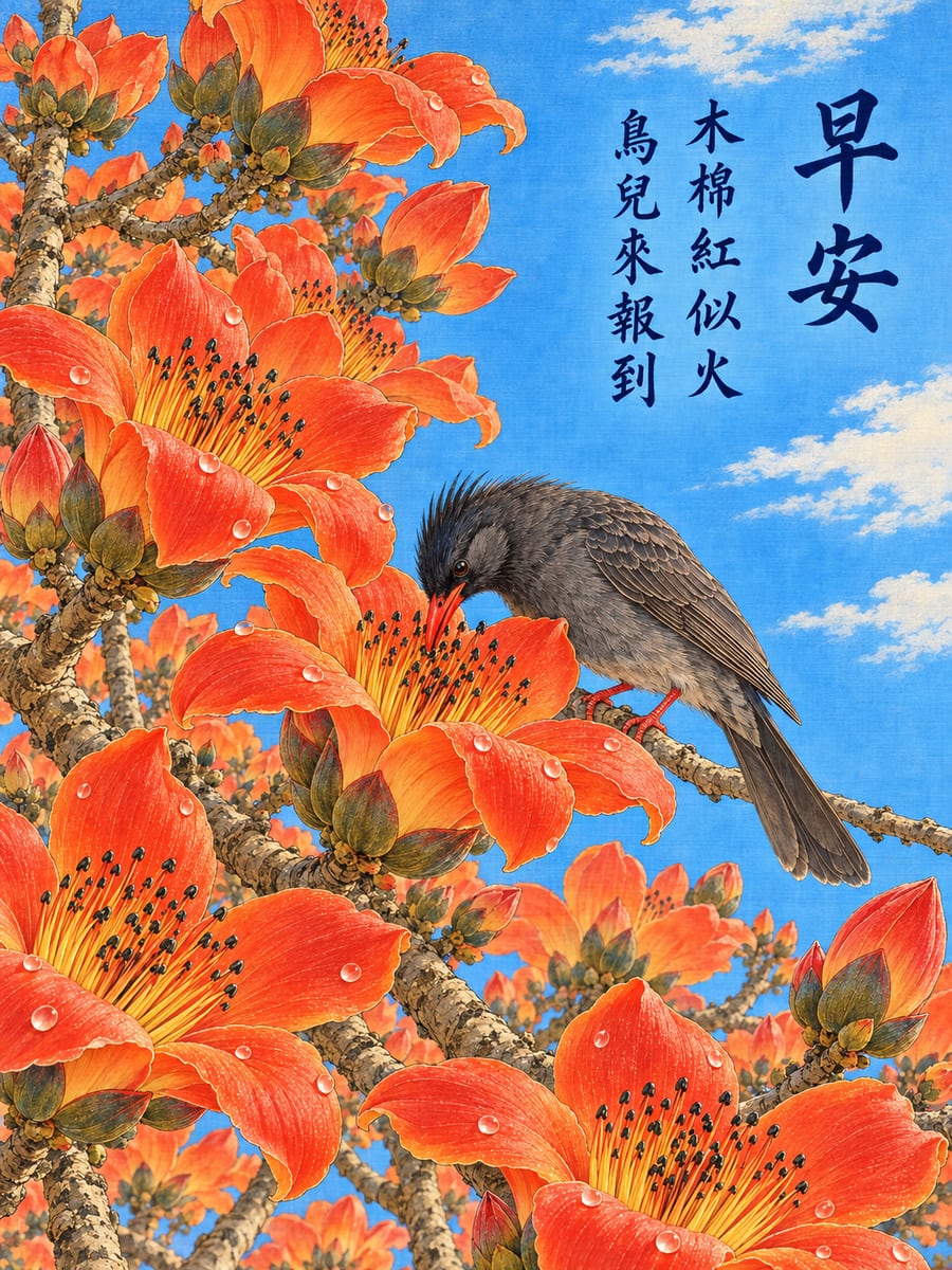 木棉與紅嘴黑鵯。圖中文字：早安，木棉紅似火，鳥兒來報到