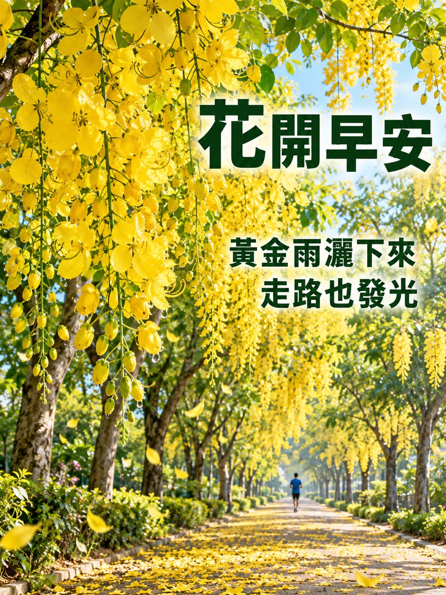 阿勃勒黃金雨。圖中文字：花開早安，黃金雨灑下來，走路也發光