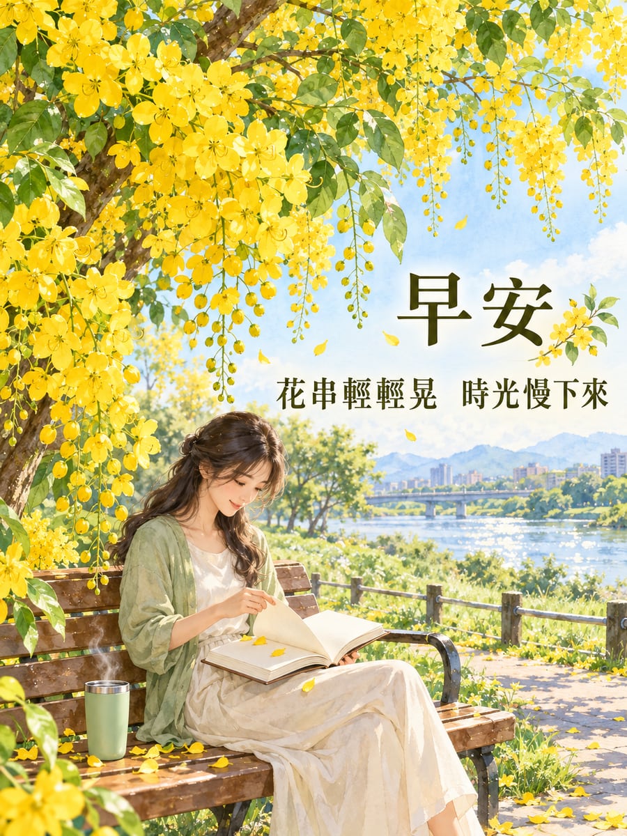 花串下的長椅。圖中文字：早安，花串輕輕晃，時光慢下來