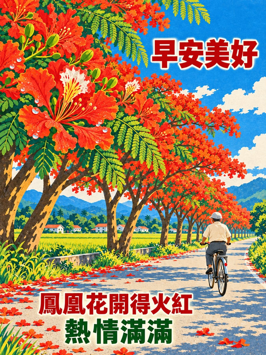 鳳凰花小路。圖中文字：早安美好，鳳凰花開得火紅，熱情滿滿