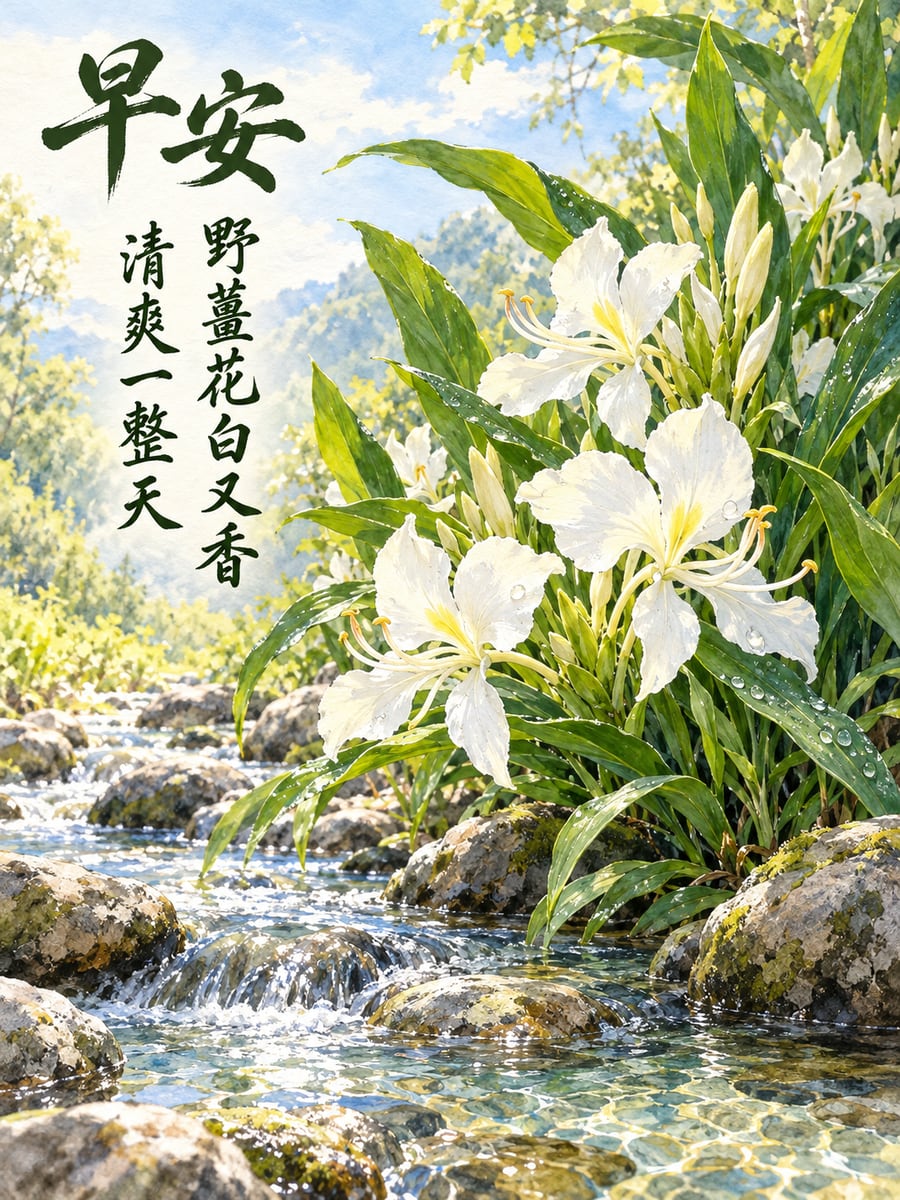 溪邊野薑花。圖中文字：早安，野薑花白又香，清爽一整天