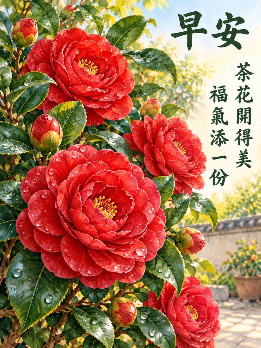 紅茶花。圖中文字：早安，茶花開得美，福氣添一份