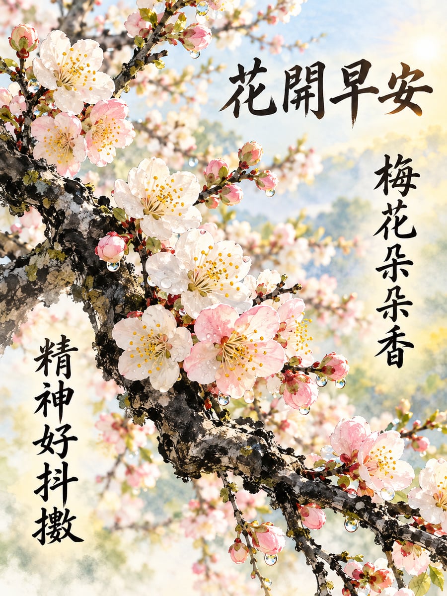 水墨梅花。圖中文字：花開早安，梅花朵朵香，精神好抖擻