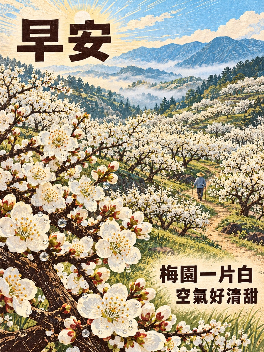梅園一片白。圖中文字：早安，梅園一片白，空氣好清甜
