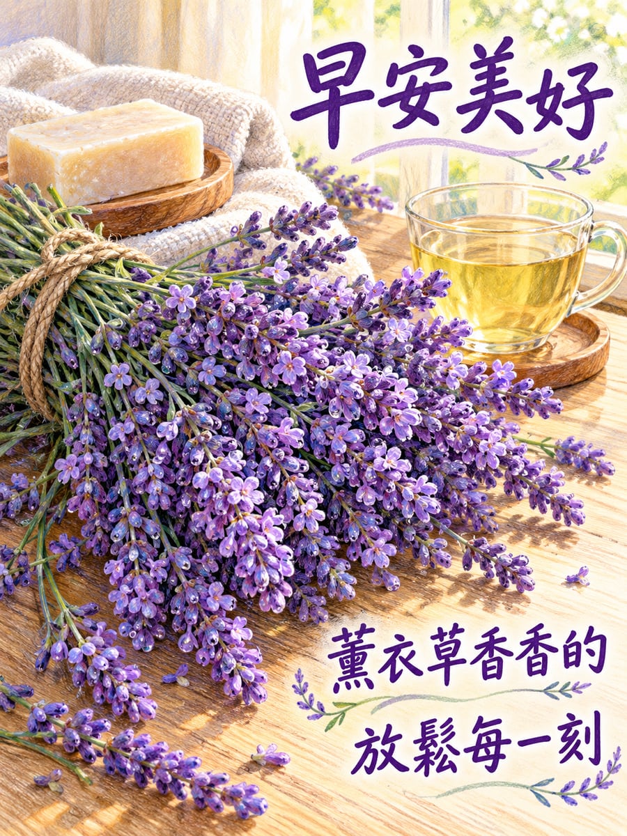 一束薰衣草。圖中文字：早安美好，薰衣草香香的，放鬆每一刻