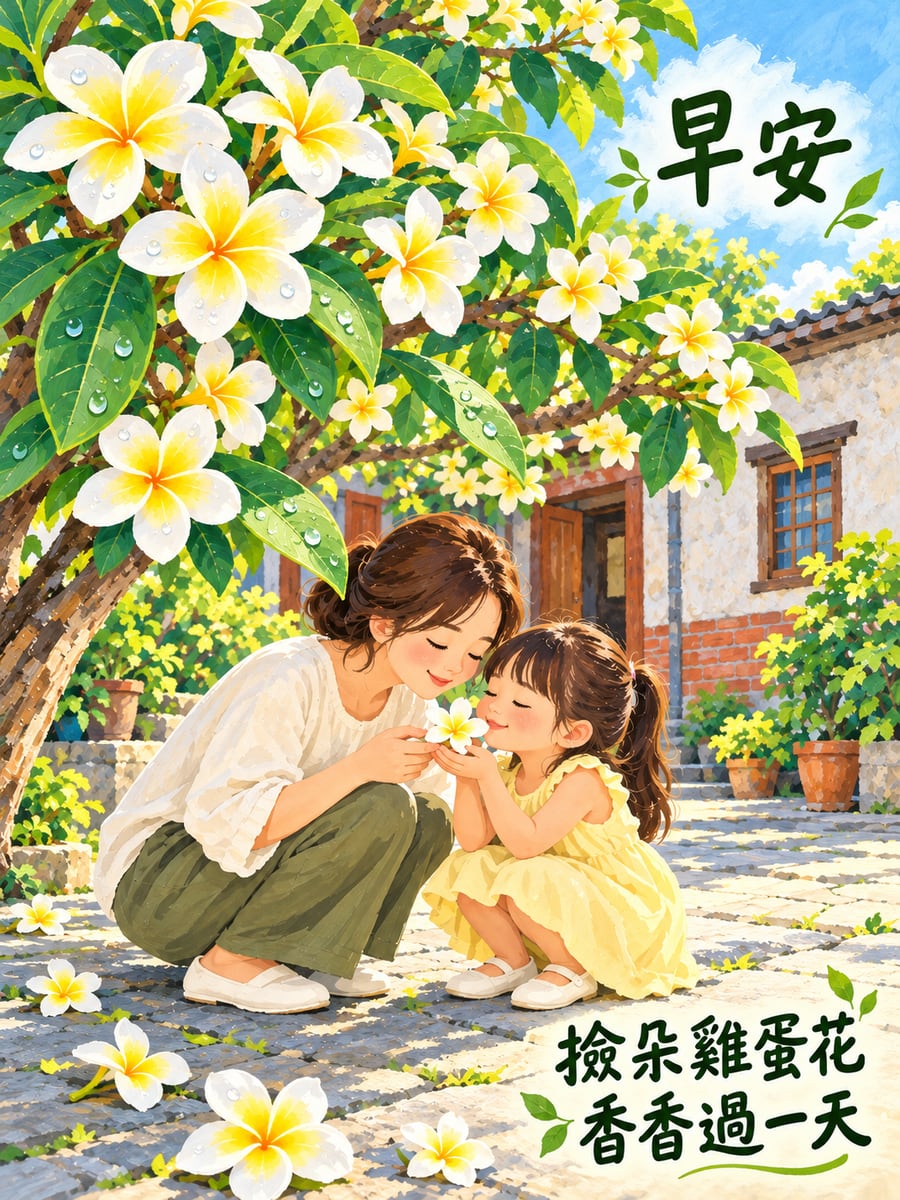 撿一朵雞蛋花。圖中文字：早安，撿朵雞蛋花，香香過一天