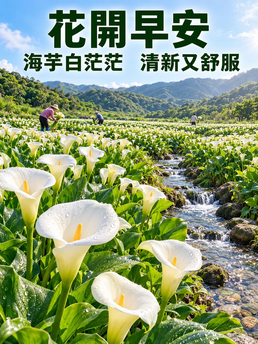 海芋田。圖中文字：花開早安，海芋白茫茫，清新又舒服