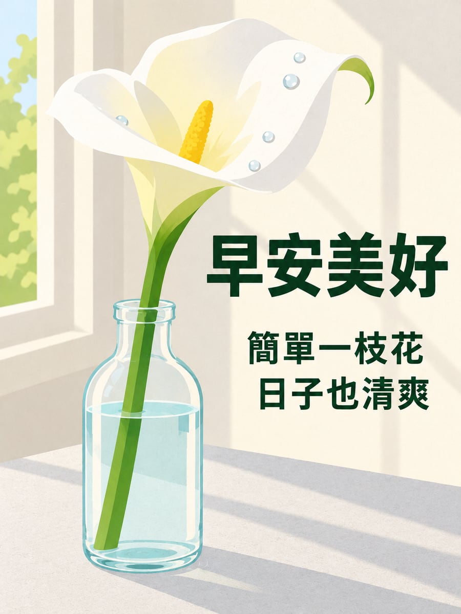 一枝白海芋。圖中文字：早安美好，簡單一枝花，日子也清爽