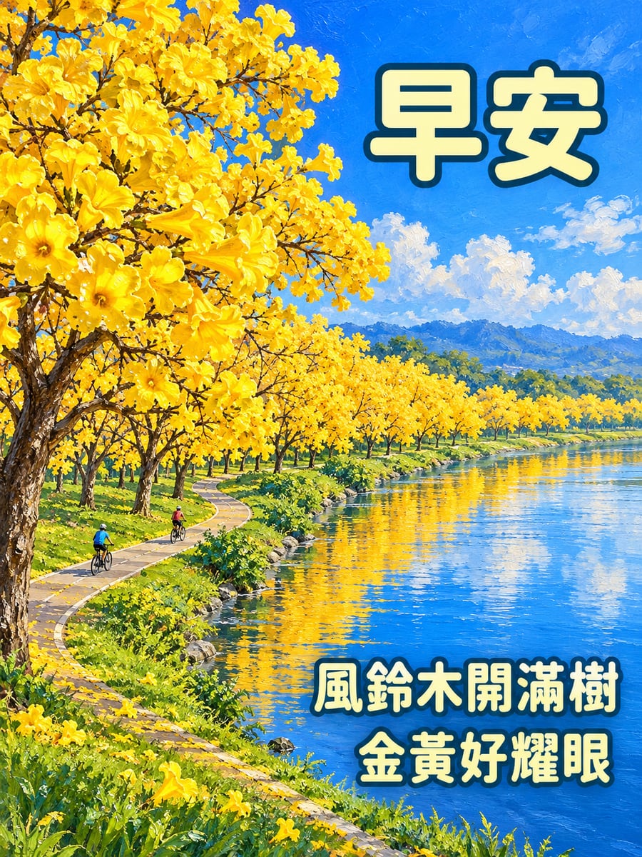 河岸黃花風鈴木。圖中文字：早安，風鈴木開滿樹，金黃好耀眼