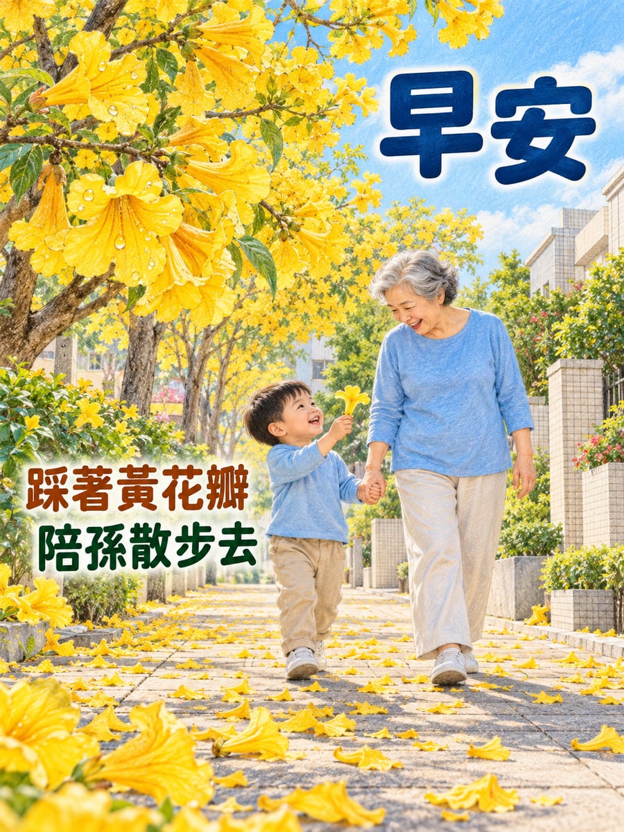 踩著黃花瓣。圖中文字：早安，踩著黃花瓣，陪孫散步去