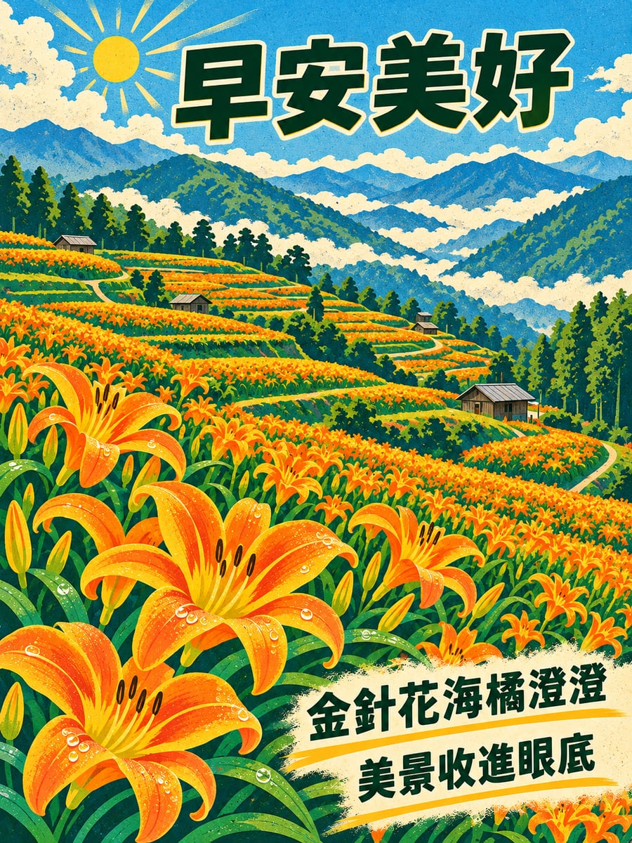 金針花海。圖中文字：早安美好，金針花海橘澄澄，美景收進眼底