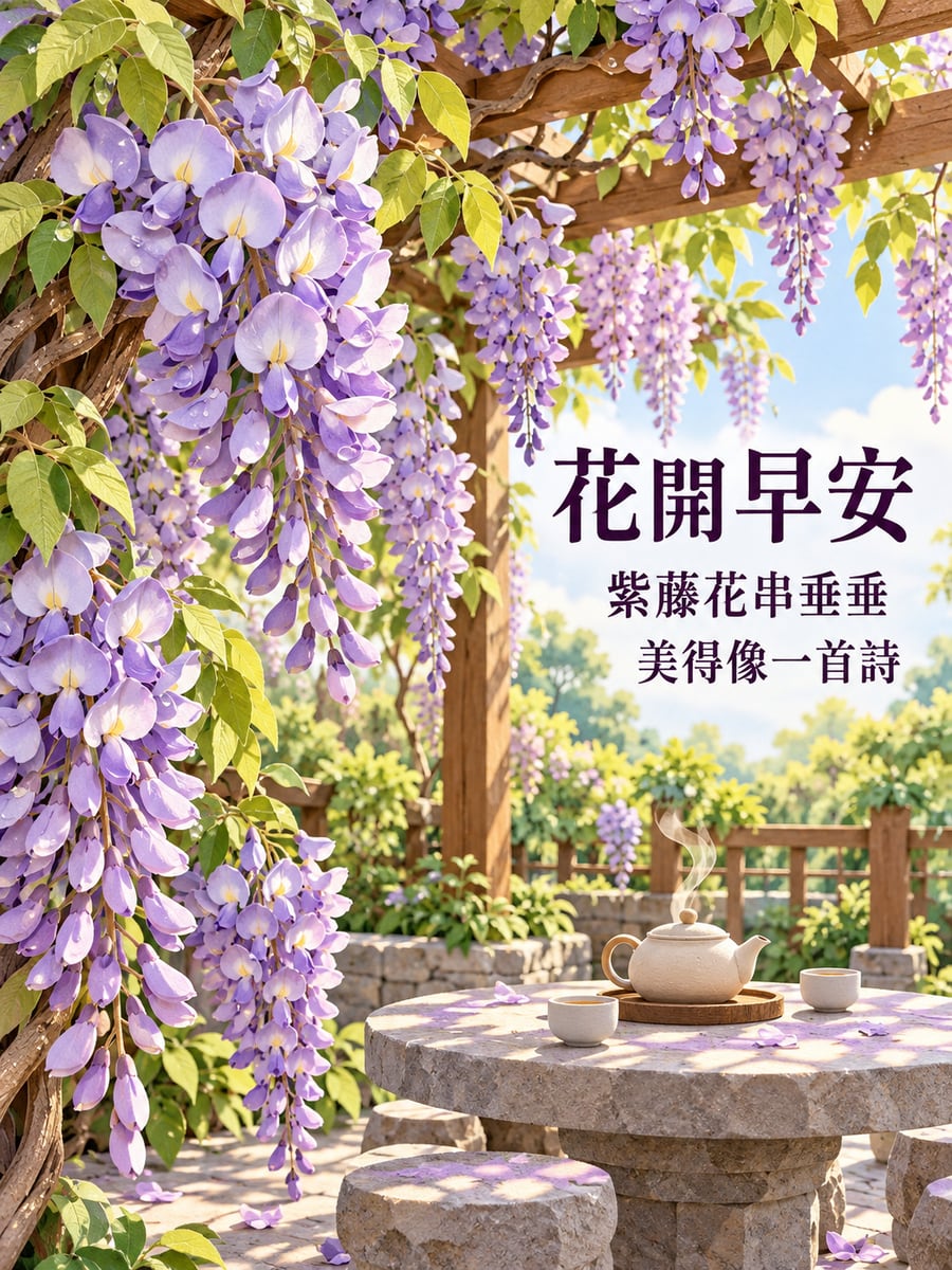 紫藤花廊。圖中文字：花開早安，紫藤花串垂垂，美得像一首詩