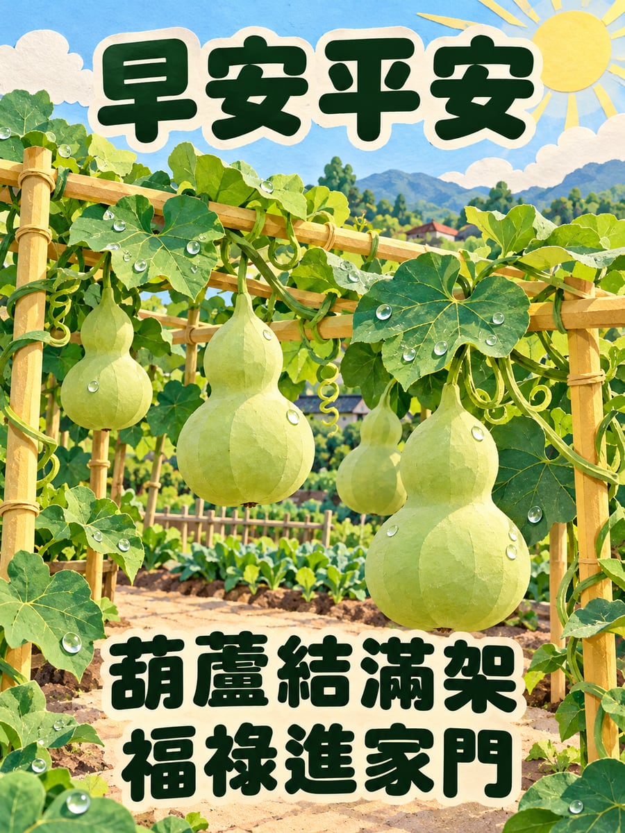 竹架上的葫蘆。圖中文字：早安平安，葫蘆結滿架，福祿進家門