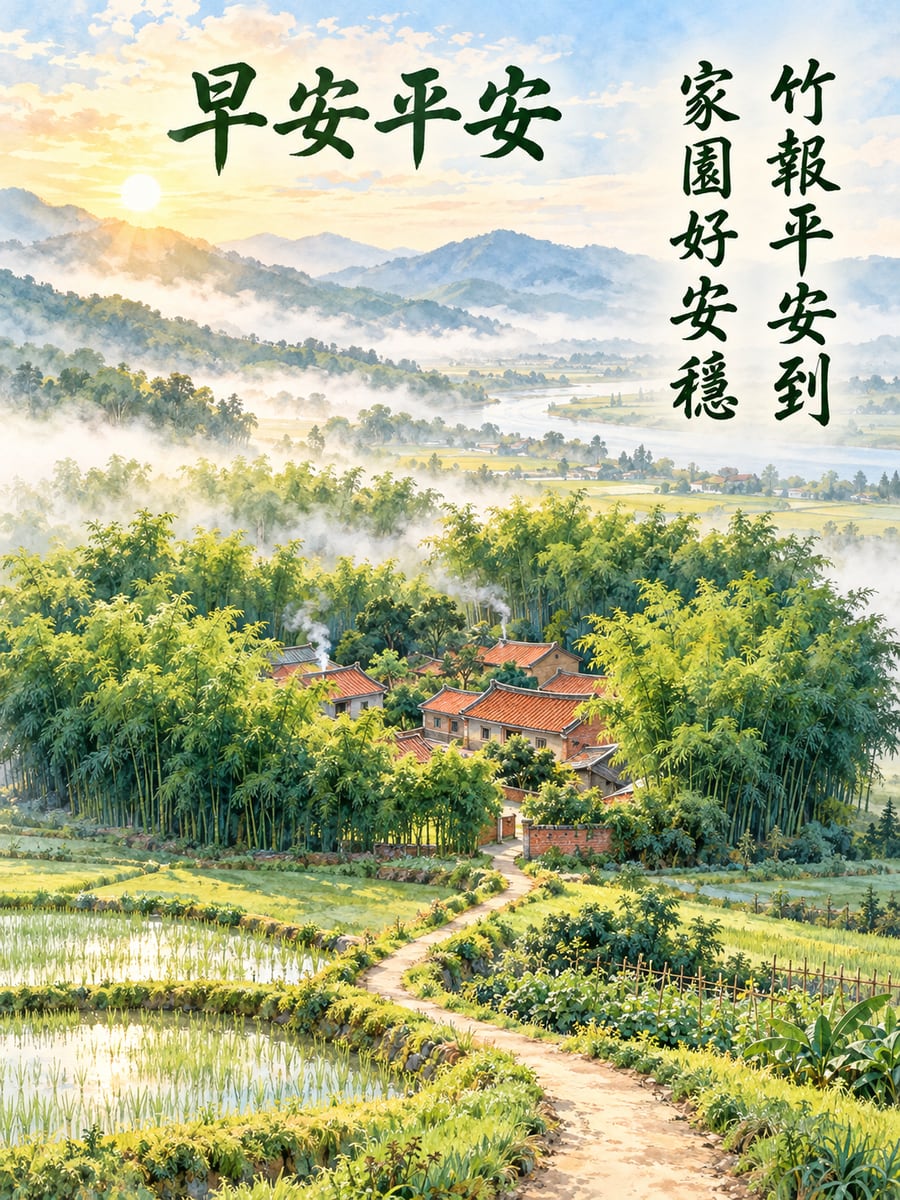 竹圍村落的清晨。圖中文字：早安平安，竹報平安到，家園好安穩