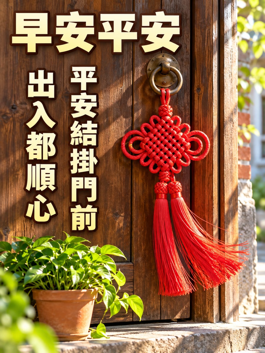 木門上的紅平安結。圖中文字：早安平安，平安結掛門前，出入都順心