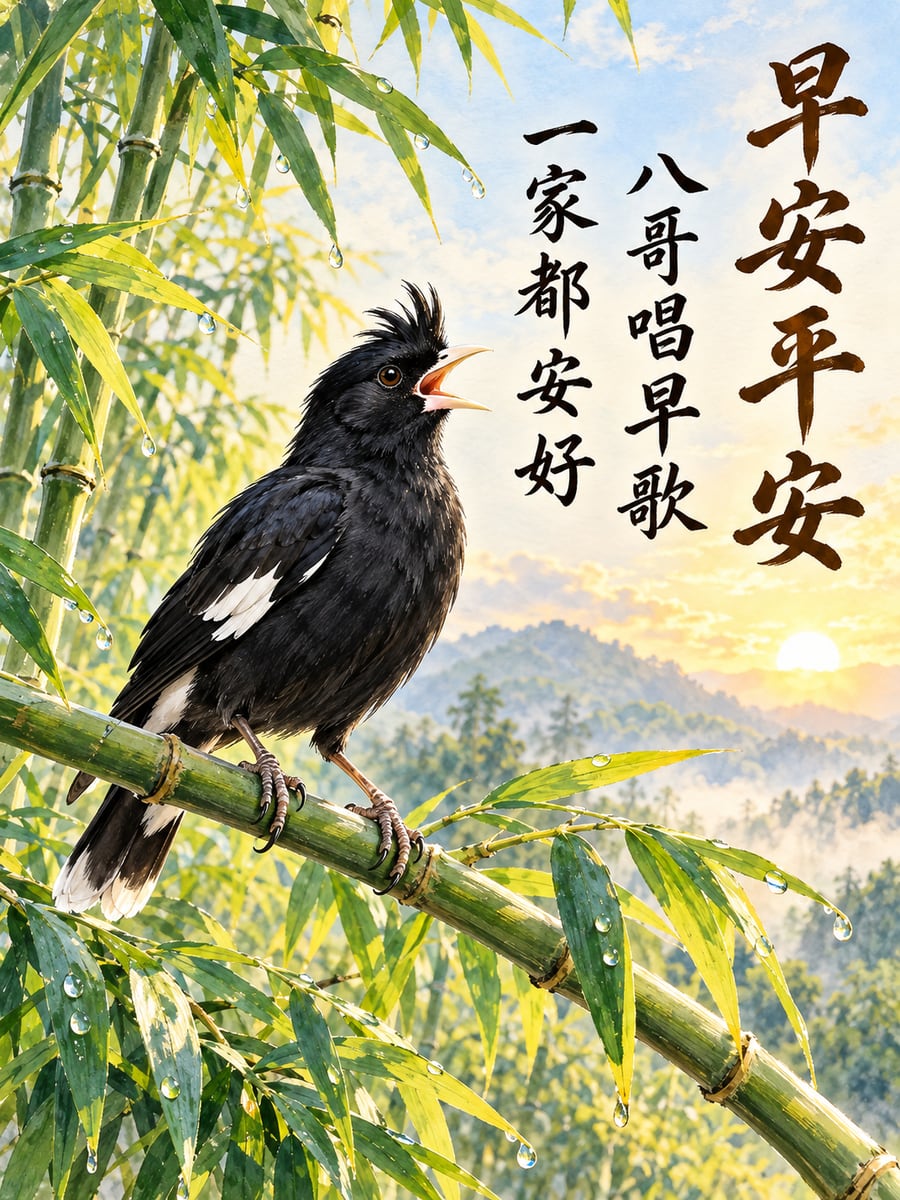 竹枝上的八哥。圖中文字：早安平安，八哥唱早歌，一家都安好