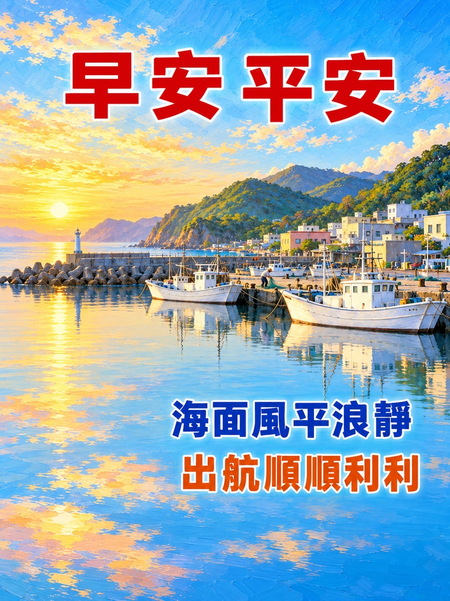 寧靜的漁港。圖中文字：早安平安，海面風平浪靜，出航順順利利