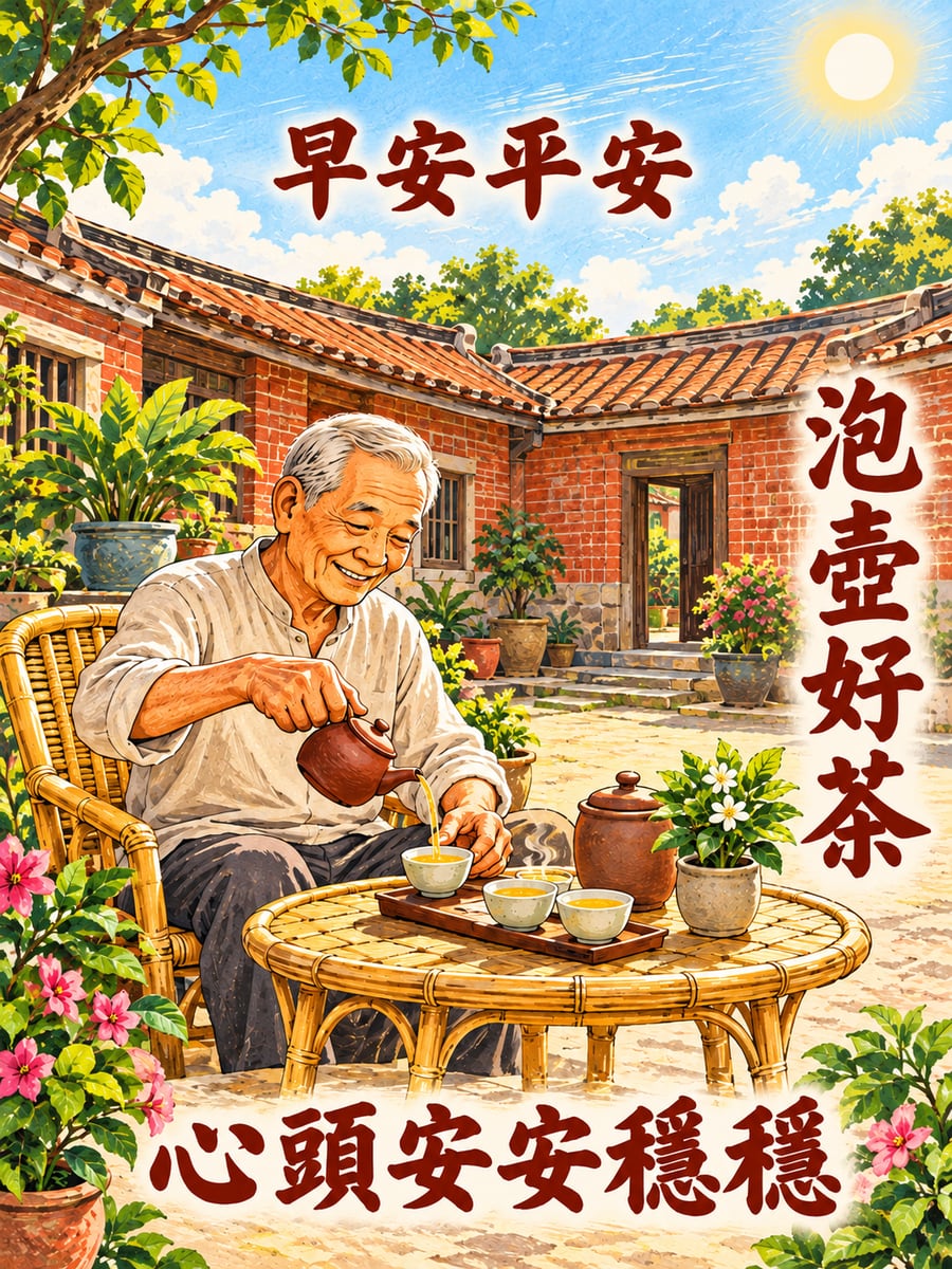 阿公泡好茶。圖中文字：早安平安，泡壺好茶，心頭安安穩穩