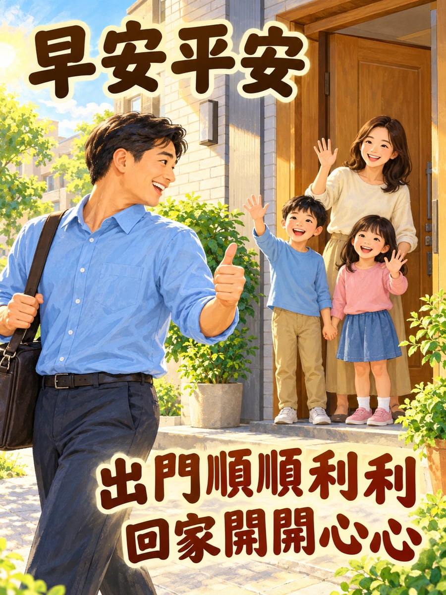出門前的揮手。圖中文字：早安平安，出門順順利利，回家開開心心