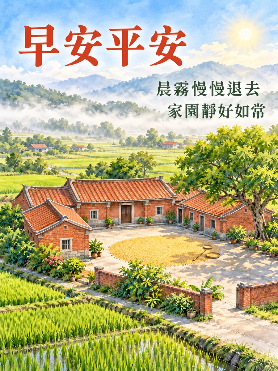 晨霧中的三合院。圖中文字：早安平安，晨霧慢慢退去，家園靜好如常