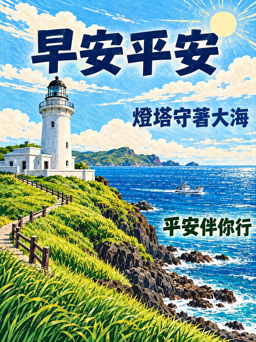 岬角的燈塔。圖中文字：早安平安，燈塔守著大海，平安伴你行