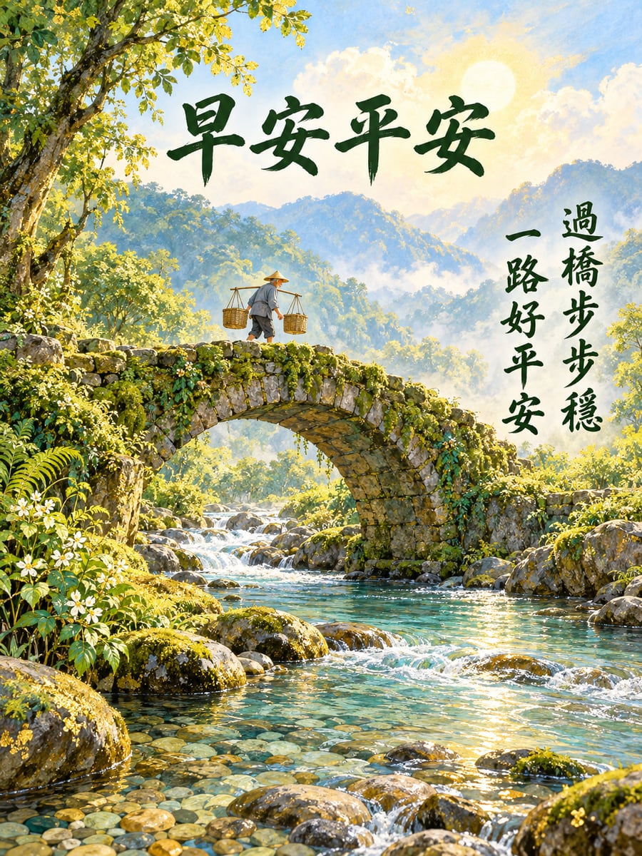 溪上的老石橋。圖中文字：早安平安，過橋步步穩，一路好平安