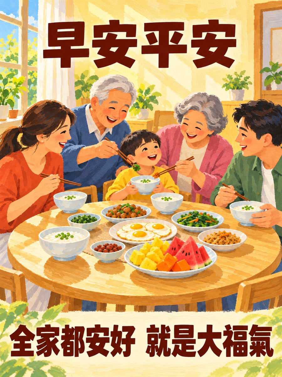 全家圍桌吃早餐。圖中文字：早安平安，全家都安好，就是大福氣