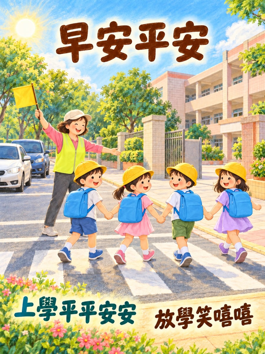 導護志工陪過街。圖中文字：早安平安，上學平平安安，放學笑嘻嘻