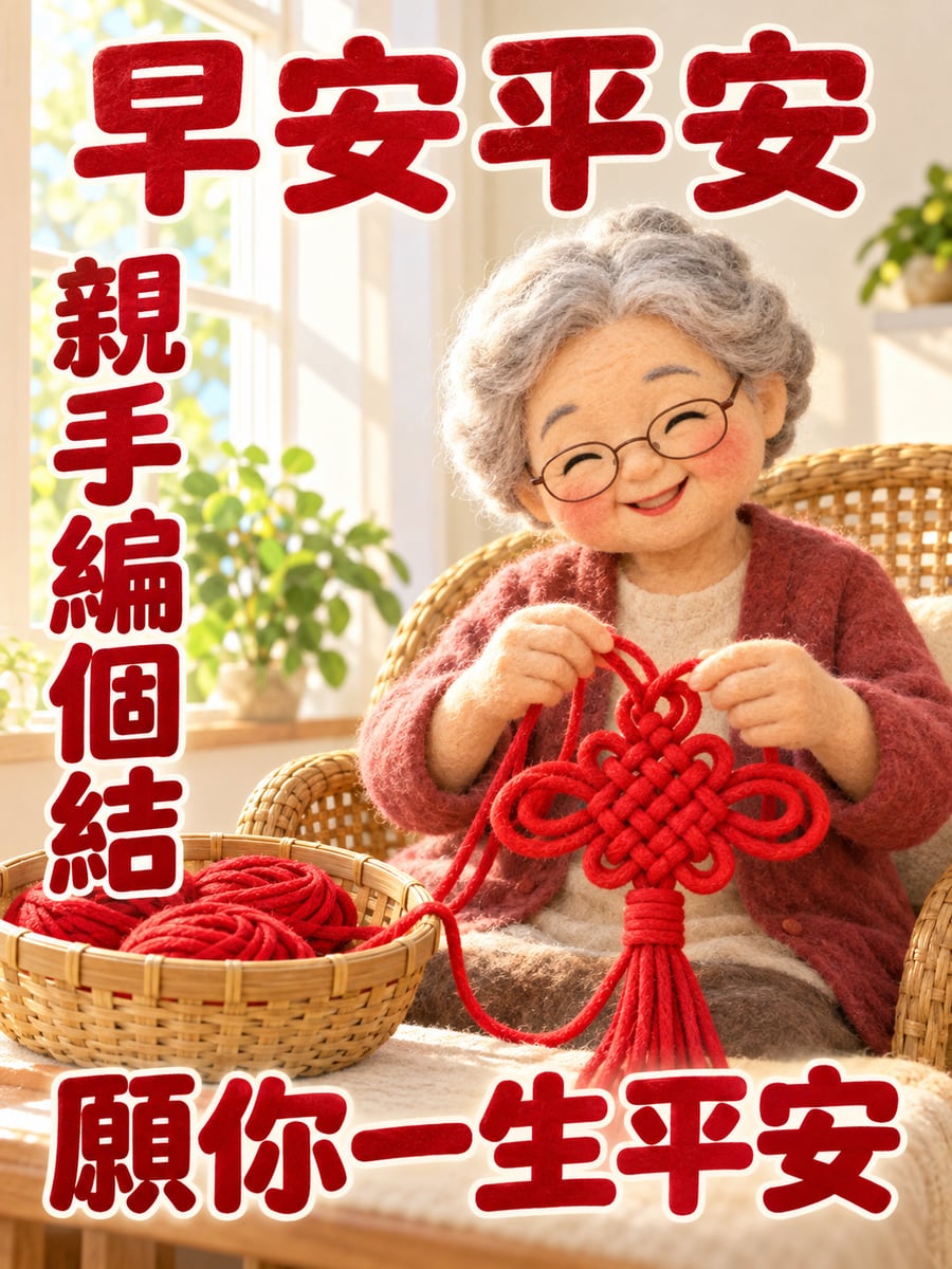 阿嬤編平安結。圖中文字：早安平安，親手編個結，願你一生平安